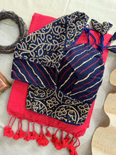 Red Handloom Cotton Saree With N Blue Bandhej Print Redy Made Blouse